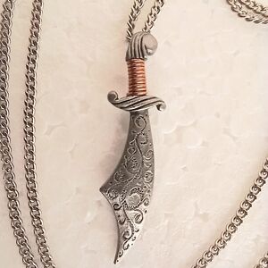 Vintage Jewelry Necklace Scimitar Sword Pirate Ornate Engraved Persian Origin